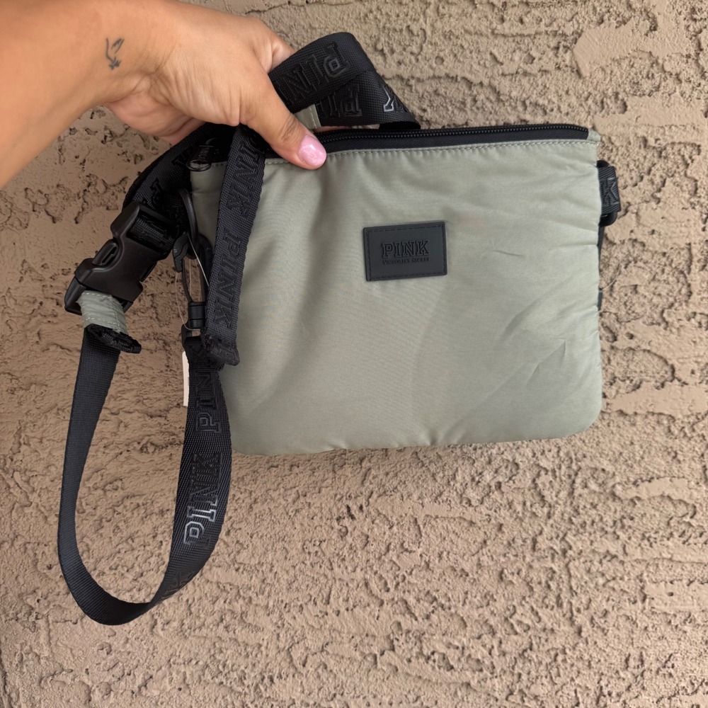 Victoria's Secret PINK Crossbody Bag Sage Green Black Logo Strap Nylon NWT